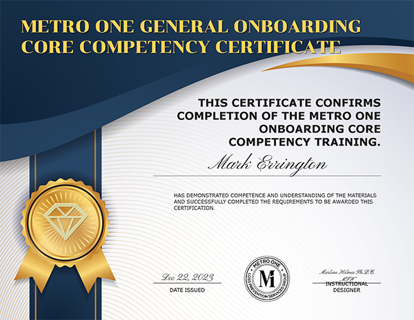 Metro One-Onboarding Core Competency Certificate